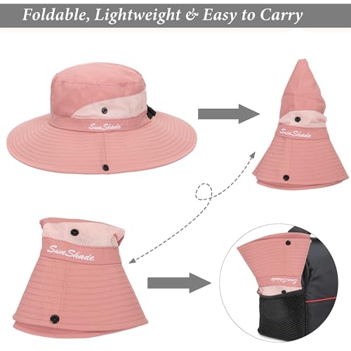 Women's Outdoor-UV-Protection-Foldable-Sun-Hats-Wide-Brim Hat Ponytail-Hole - color: Pure Pink