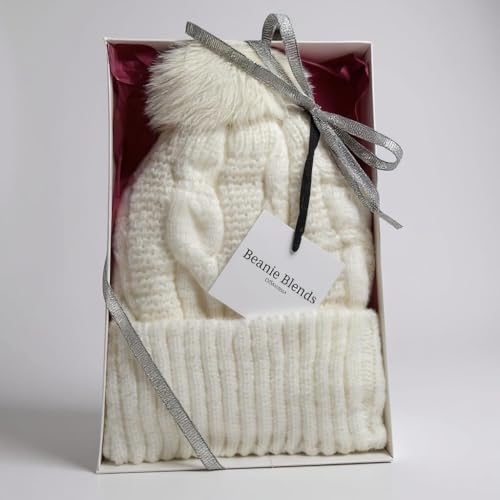 Cable Knit Winter Beanie Hat with Faux Fur Pom Pom, White-Gift Package