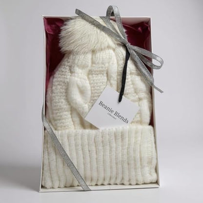 Cable Knit Winter Beanie Hat with Faux Fur Pom Pom, White-Gift Package