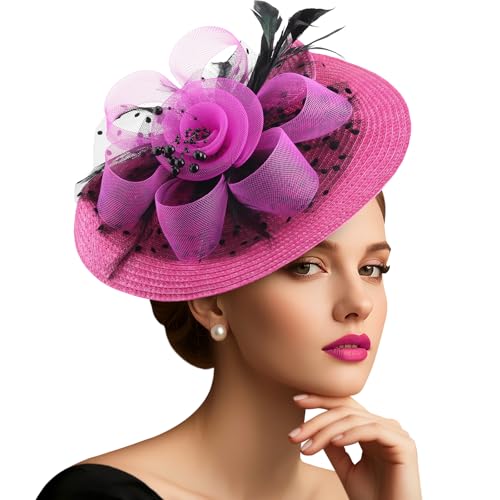 DRESHOW Fascinators Hat Flower Mesh Feathers Hat with a Headband and a Clip 7.9" Tea Party Headwear for Women - color: Folded Style 2: Deep Pink & Black / 7.9"