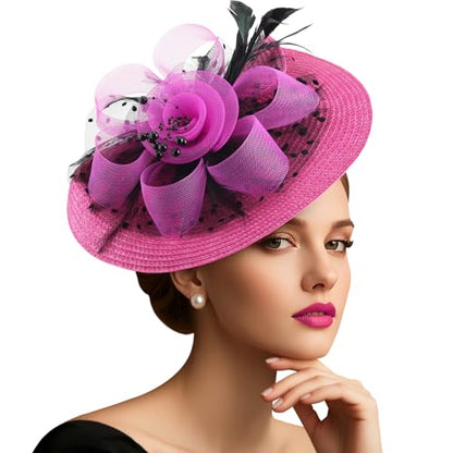 DRESHOW Fascinators Hat Flower Mesh Feathers Hat with a Headband and a Clip 7.9" Tea Party Headwear for Women - color: Folded Style 2: Deep Pink & Black / 7.9"