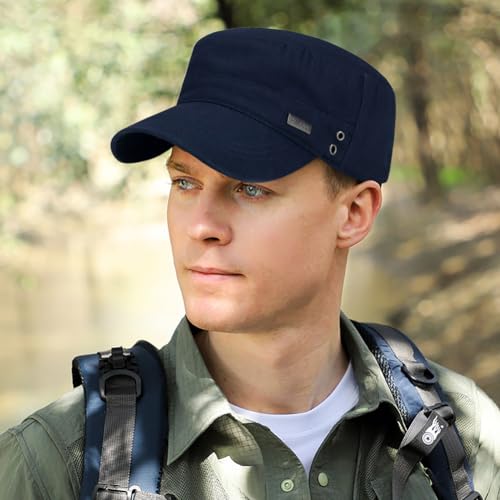 Cotton Military Caps for Men Women Unisex Flat Top Hat Adjustable Cadet Army Cap - color: Navy Blue