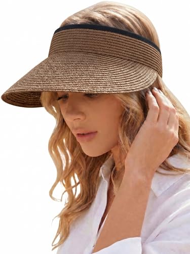 Sun Visor Hat for Women Summer Beach Vacation Essential Ponytail Friendly Travel Foldable Packable UPF 50+ - color: Brown