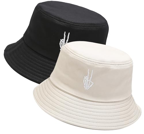 XYIYI 2 Pack Unisex Bucket Hat for Women Men Summer Beach Fishing Hat Sun Hat - color: Skull Black Beige