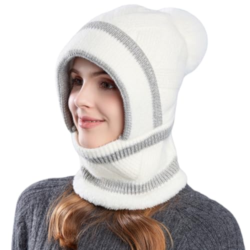 HUAMULAN Women Winter Knit Beanie Hats One Piece Fleece Lined Balaclavas - color: Cream White + Gray Stripe