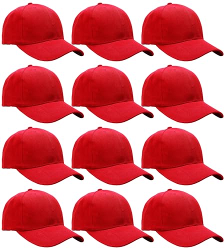 Falari Wholesale Bulk Lot 12-Pack Baseball Cap Adjustable Size Plain Blank Solid Color - color: Red