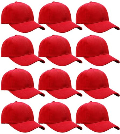 Falari Wholesale Bulk Lot 12-Pack Baseball Cap Adjustable Size Plain Blank Solid Color - color: Red