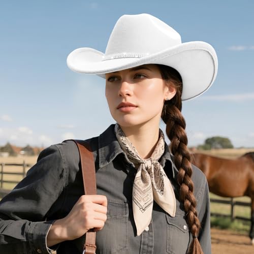 Western Cowboy Hats for Women Classic Felt Wide Brim Fedora Hat with Belt Buckle Retro Panama Hat Unisex Rolled up Cap - color: 1 Pack : White With 3 Rhinestones Bands