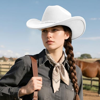 Western Cowboy Hats for Women Classic Felt Wide Brim Fedora Hat with Belt Buckle Retro Panama Hat Unisex Rolled up Cap - color: 1 Pack : White With 3 Rhinestones Bands