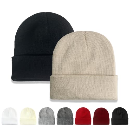 NPQQUAN 2 Packs Beanie for Men Women Winter Hats for Mens Beanie Skull Cap - color: Black+darkbeige