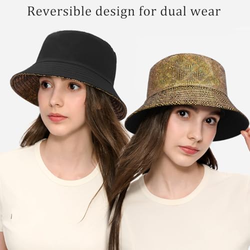 Shiny Metallic Bucket Hat Reversible Beach Fisherman Hats for Women Men - color: Snake Pattern B