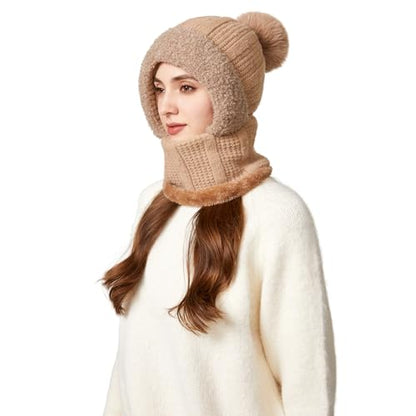 HUAMULAN Women Cable Knit Balaclavas Winter Fleece Lined Beanie Hat - color: Solid Khaki