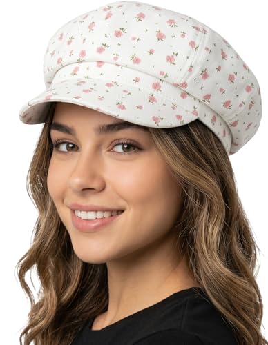 Funky Junque Women's Newsboy Cabbie Cap, Vintage Baker Boy Hat - color: Mini Floral - White