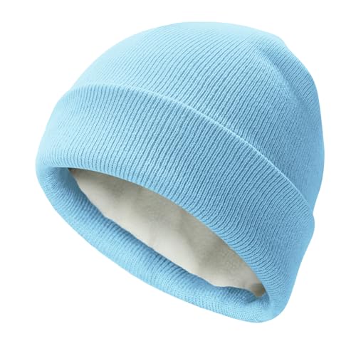 PFFY Beanie for Men Women Unisex Knit Cuffed Winter Thick Lined Beanies Hat - color: Pure Skyblue