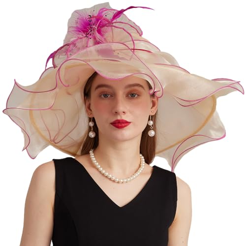 Kentucky Organza Derby Top Hats for Women Sun Visor Cap Ladies Flowers Bride Weeding Fascinators Wide Brim Fedoras - color: Beige 1