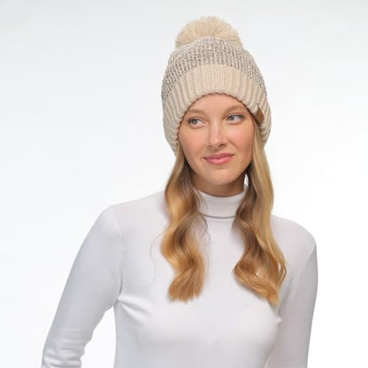 C.C Sequin Pom Beanie for Women - Acrylic Stretchable Soft Warm Knit Winter Skully Hat with Yarn Pom - color: Sequin-beige / Silver