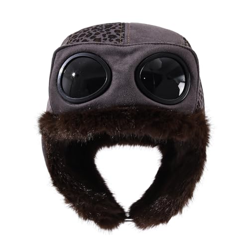 Winter Trapper Hats Leopard Aviator Hat with Goggles Earflaps Russian Trooper Pilot Cap for Men Cold Weather Ski Caps - color: Mg-lfm25121-grey