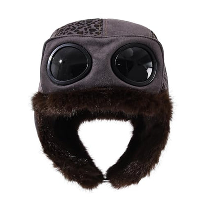 Winter Trapper Hats Leopard Aviator Hat with Goggles Earflaps Russian Trooper Pilot Cap for Men Cold Weather Ski Caps - color: Mg-lfm25121-grey