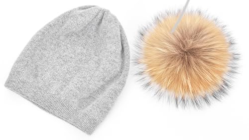 Women's Real Fur Pom Pom Cashmere Wool Blend Winter Slouchy Knit Beanie Hat with Real Pom Pom Beanie Hat - color: Grey