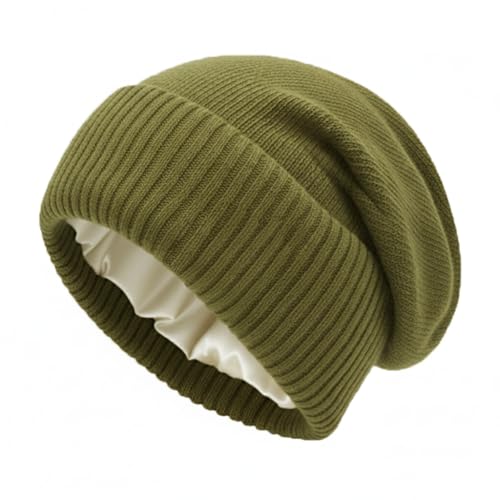 Facecozy Satin Lined Beanie for Women Soft Satin Lining Slouchy Winter Hats - color: Olive Green