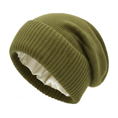 Facecozy Satin Lined Beanie for Women Soft Satin Lining Slouchy Winter Hats - color: Olive Green