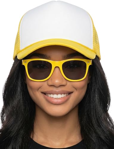Funky Junque Blank Mesh Foam Lightweight Snapback Trucker Hat - color: Hat (Yellow/White) & Sunglasses (Yellow)