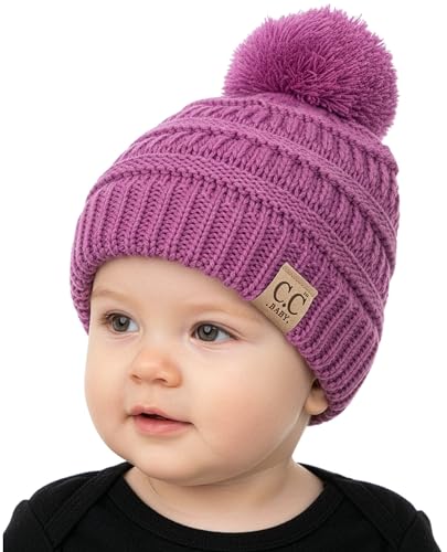 Funky Junque Baby Pom Pom Beanie – Soft Knit Infant Winter Hat for Baby Girls & Boys, Cozy Warm Newborn Beanie 0–12 Months - color: Lavender