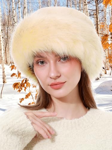 sy soul young Women's Leopard Faux Fur Hats Fluffy Bucket Hat Russian Style - color: Beige