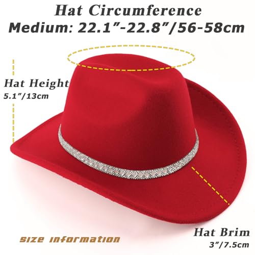 DRESHOW Western Cowboy Hat for Women and Men Wide Brim Glitter Cowboy Cowgirl Hat with Rhinestone Felt Fedora Hats - color: 1 Pack Style 10: Red