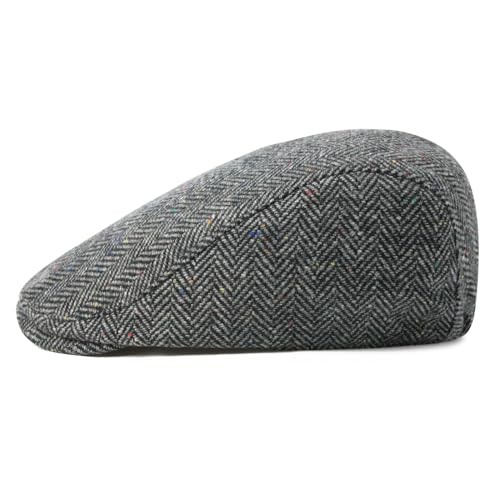 FEINION Men Wool Blend Flat Cap Tweed Newsboy Ivy Hat - color: Flecked Grey