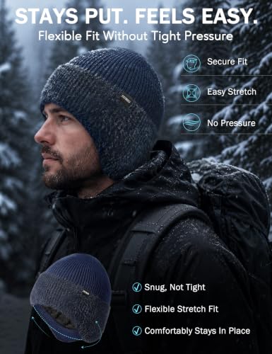 Durio Winter Beanie Hat with Earflap Windproof Knitted Cap - color: Navy Blue