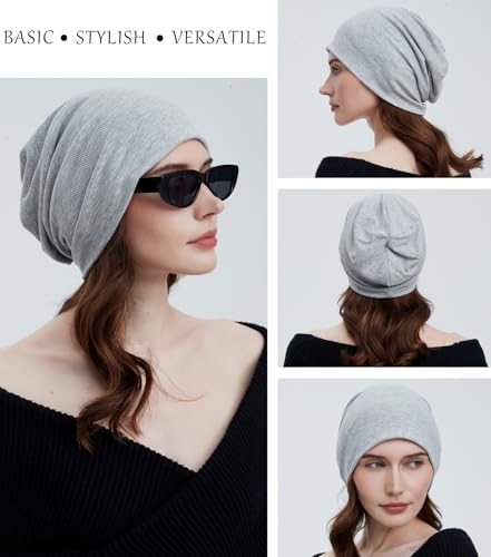 Slouchy Beanie for Women Men Thin Knit Winter Hat 93% Cotton Beanies - color: Light Grey