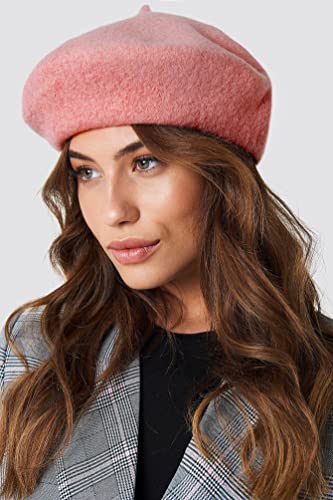 Women French Wool Beret Hats - Solid Color Classic Beanie Winter Cap - color: Thicker-pink