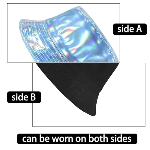 MILAKOO Rave Hologram Metallic Bucket Hat Reversible Cap Reflective Waterproof Rain Fisherman Hat - color: F: Blue