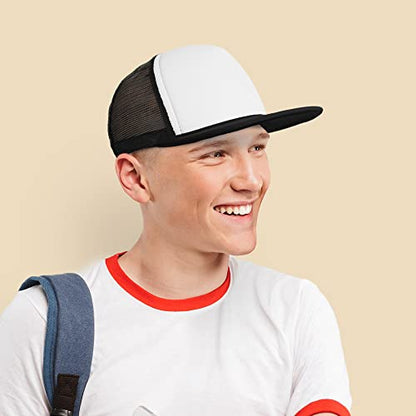 DALIX Flat Billed Trucker Hat Mesh Back S M L Adjustable Cap Solid Two Toned Snapback - color: Black-white, size: One Size