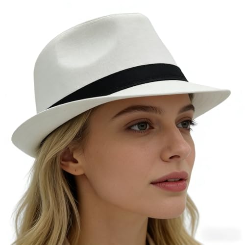 2 Pack Short Brim Fedora Hats for Men Women 1920s Unisex Party Costume Hats - color: Milky White+khaki 01, size: 7 1/2-7 5/8