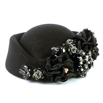 Petaluna Women's Flower Beret Suitable for Church Wearing Elegant Breathable Wedding Party Retro French Headdress - color: Black