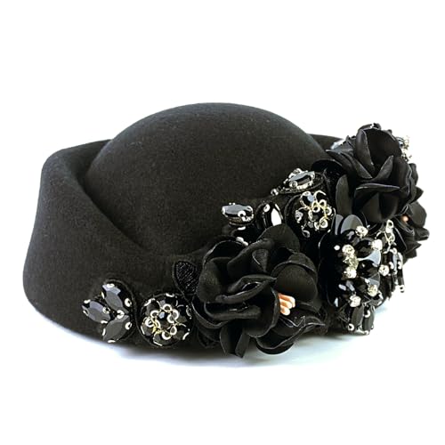 Petaluna Women's Flower Beret Suitable for Church Wearing Elegant Breathable Wedding Party Retro French Headdress - color: Black