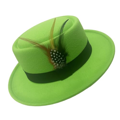Classic Pork Pie Hat with Feathers Flat Top Fedora, Vintage Panama Hats, Warm Comfortable Jazz Cap - color: Green