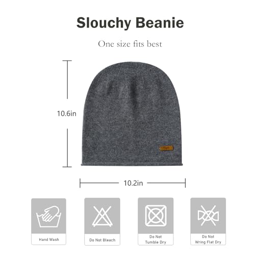 100% Merino Wool Slouchy Beanie Hat, Women Warm Winter Caps Soft, Ladies Breathable & Cozy Stretchy Knitted Skull Cap - color: Grey