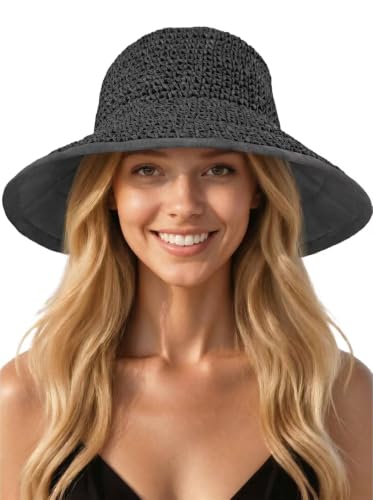 Sun Hats for Women, Summer Beach Straw Wide Brim Bucket Hat - color: Black, size: Large