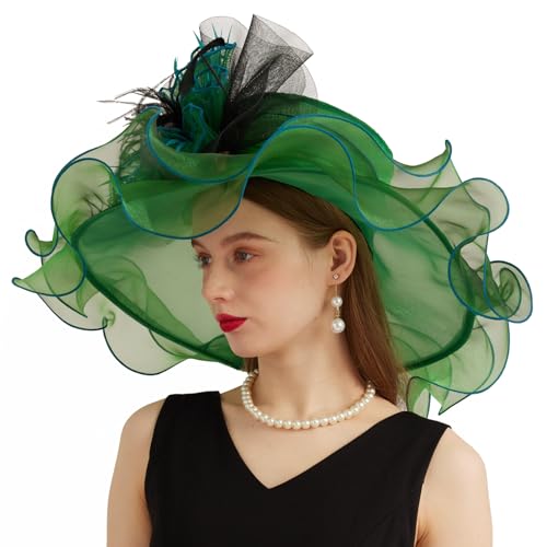Women Organza Church Derby Hat Wide Brim Sun Caps for Wedding Tea Party Hat with Detachable hat Flower as Headgear - color: 11-green