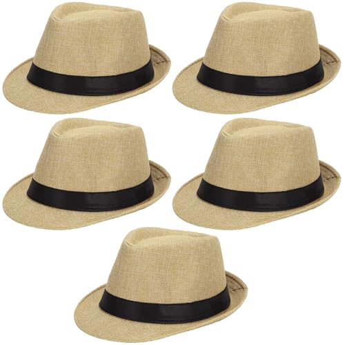 Ultrafun 5 Pack Short Brim Fedora Classic Summer Beach Sun Hat Panama Cap for Men Women - color: 5pack-beige, size: Large