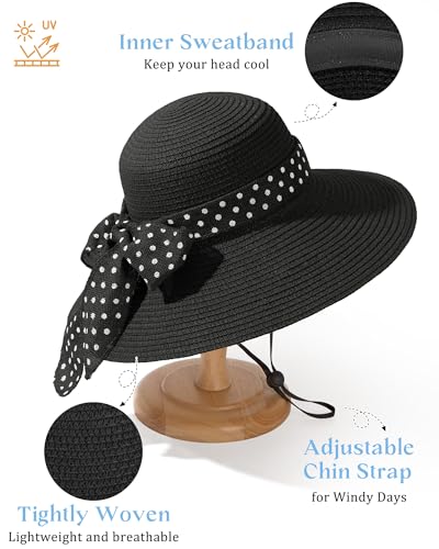 Sun Beach Straw Hats for Women, Summer Wide Brim Hat - color: Light Black, size: X-Large