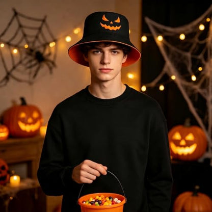Halloween Bucket Hat for Women Men Unisex Pumpkin Hat Reversible Sun Cap Outdoor Fisherman Hat