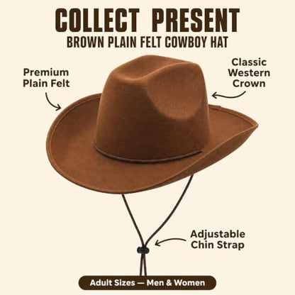 COLLECT PRESENT Plain Felt Cowboy & Cowgirl Hat for Men and Women | Western Studded Cowboy Hat in Adult Sizes - color: Brown