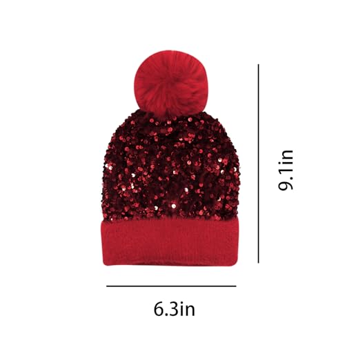 Women Girls Winter Sequin Beanie Hat with Faux Fur Pom Pom Knit Skull Cap - color: Red