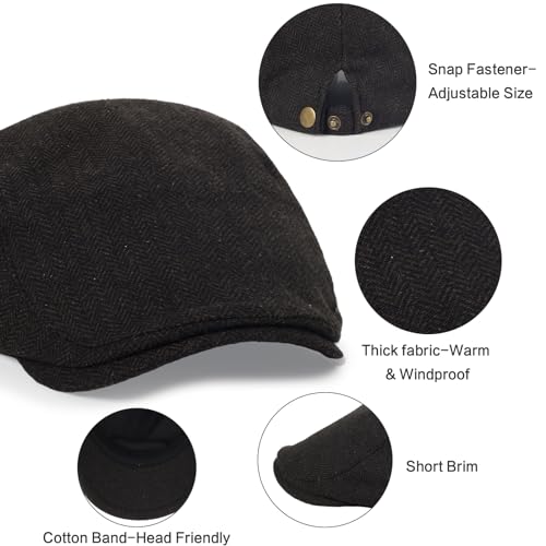 3Pcs Cotton Newsboy Hat for Men Cool Adjustable Flat Cap - color: Herring Bone-darkgrey+darknavy+brown