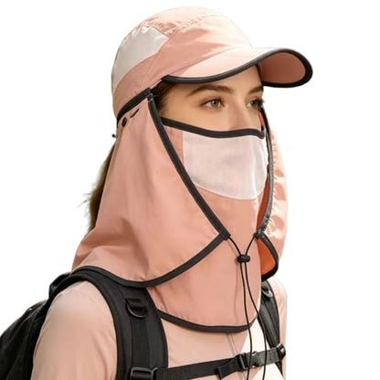 HUAMULAN Women Wide Brim Sun Hat Ponytail UV Protection Visor Fishing Cap - color: Pink With Foldable Visor