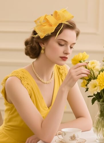 Zinniday Victoria Tea Party Hat - 2025 Bow Derby Attire Hats with Hairpin,1920s 50s Feather Fascinators for Women - color: Yellow